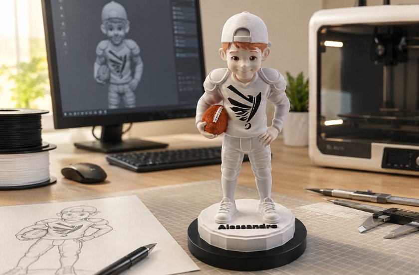 Skizze auf Papier, dasselbe Motiv als 3D-Modell am Bildschirm und die fertig gedruckte Figur mit Namen auf dem Sockel